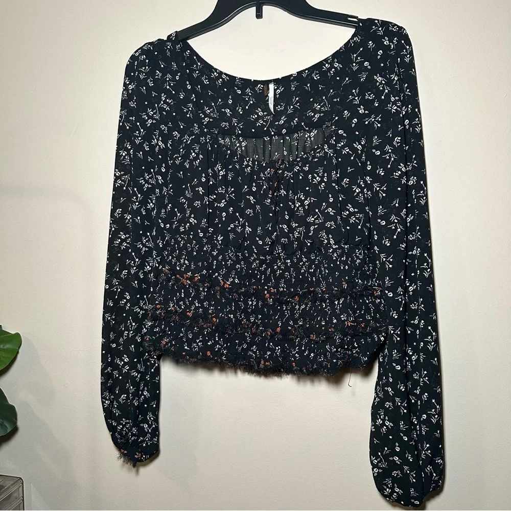 Free People Floral Black Women's Smocked Ruffled Cutout Front Tie Blouse Large